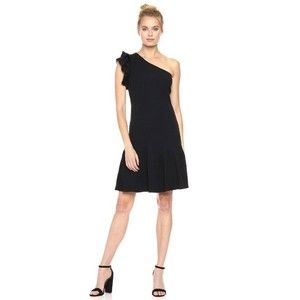 REBECCA TAYLOR Black One-Shoulder Ribbed Ruffled Sleeve Dress Womens Size XS